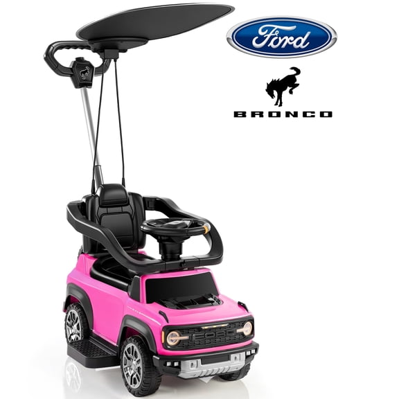 iYofe 3 In 1 Push Cars for Kids, Licensed Ford Bronco Ride On Toys w/Adjustable Handle, Canopy, Armrest Guardrail, Horn, Silent Wheels, Boys Girls Ride On Car for Toddlers Ages 18-36 Month, Pink
