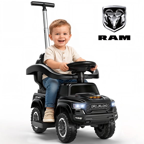 iYofe 3-in-1 Push Car for Toddlers Ages 1-3, Licensed RAM 1500 Ride On Push Car w/Handle, Safety Rail, Storage, Lights & Horn