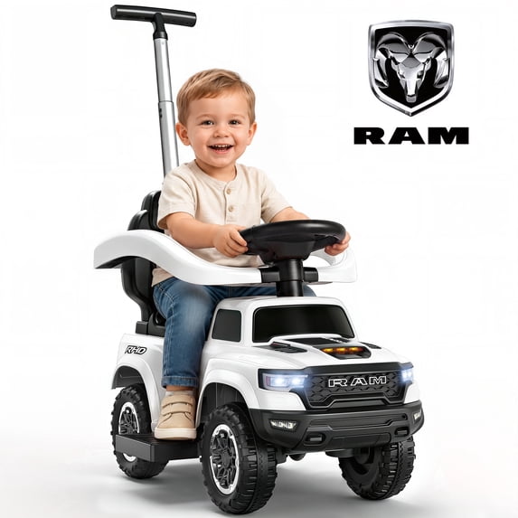 iYofe 3-in-1 Push Car for Toddlers Ages 1-3, Licensed RAM 1500 Ride On Push Car w/Handle, Safety Rail, Storage, Lights & Horn