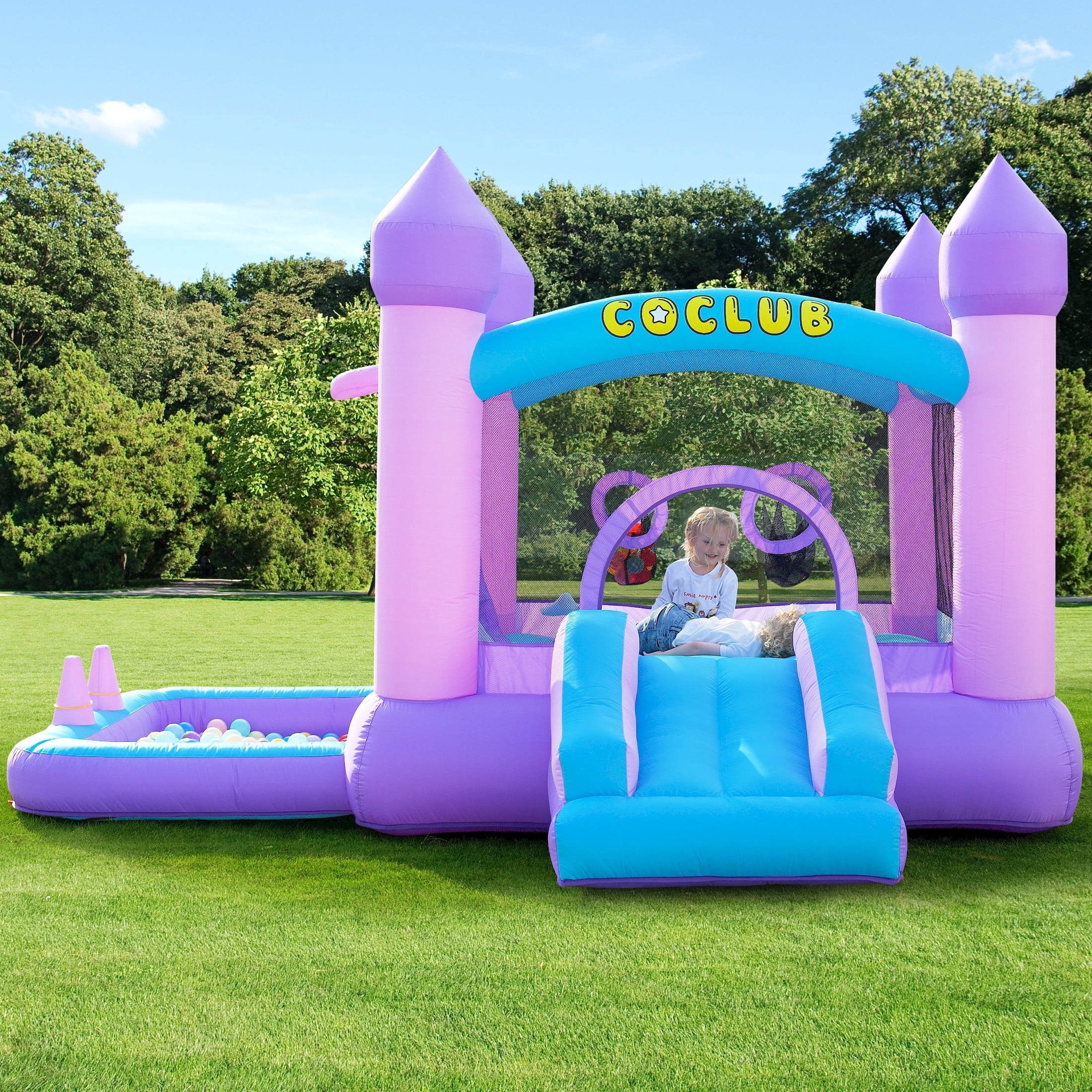 Bounce House with Blower, 6 in 1 Outdoor Inflatable Bounce Castle with Slide/Basketball Hoop/Ball Pit/Ring-toss Game/Pitching Game, Jump House for Kids Toddlers Ages 3-12