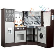 iYofe Corner Wooden Play Kitchen, Kids Kitchen Playset w/Light & Sound, Phone, Microwave, Stove, Cocina de Juguete Para Niña with Cooking Toys Accessories for Toddler Ages 3-5 Boys Girls, Espresso