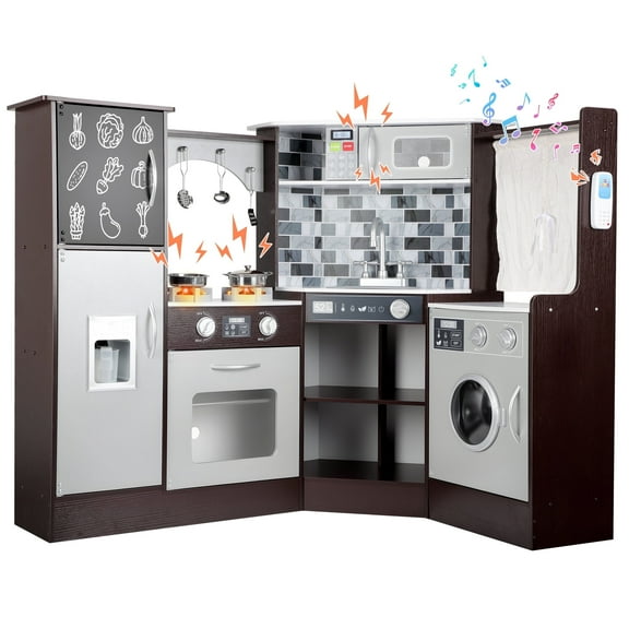 iYofe Corner Wooden Play Kitchen, Kids Kitchen Playset w/Light & Sound, Phone, Microwave, Stove, Cocina de Juguete Para Niña with Cooking Toys Accessories for Toddler Ages 3-5 Boys Girls, Espresso