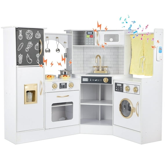 iYofe Corner Wooden Play Kitchen, Kids Kitchen Playset w/Light & Sound, Phone, Microwave, Stove, Cocina de Juguete Para Niña with Cooking Toys Accessories for Toddler Ages 3-5 Boys Girls, White