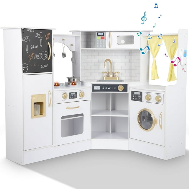 iYofe Corner Play Kitchen, White Kids Kitchen Playset with Lights ...
