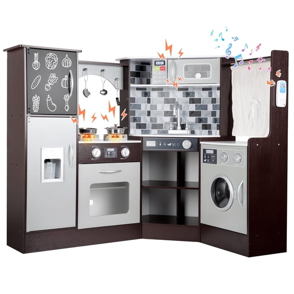 iYofe Corner Wooden Play Kitchen, Kids Kitchen Playset w/Light & Sound, Phone, Microwave, Stove, Cocina de Juguete Para Niña with Cooking Toys Accessories for Toddler Ages 3-5 Boys Girls, Espresso
