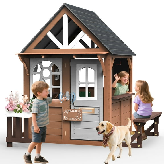 iYofe Outdoor Playhouse for Kids 3+, Wood Kids Playhouse with Full Door, Toy Phone, Bench, Planter Pots, Window, Toddler Playhouse Kids Outdoor Playset Equipment for Interactive Play