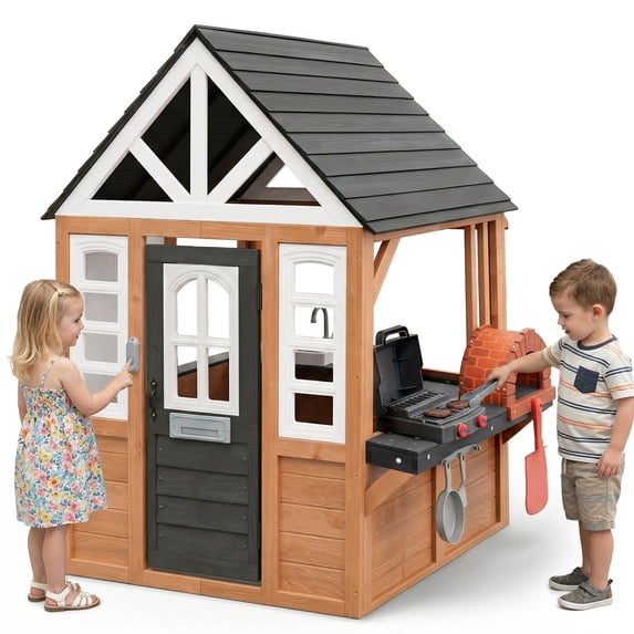iYofe Kids Wooden Outdoor Playhouse with Pizza Oven and Real Doorbell