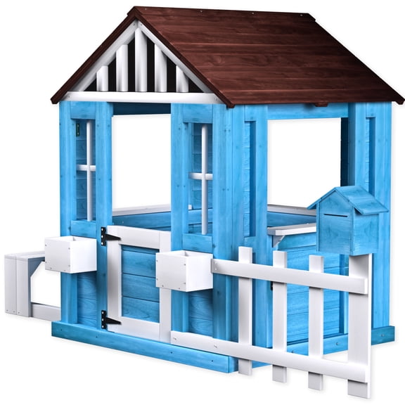 iYofe Outdoor Playhouse for Kids 3+, Wood Kids Playhouse with Picnic Bench, Half Door, Mailbox, Fence, Flower Pot Holders, Toddler Playhouse Kids Outdoor Playset Equipment for Interactive Play
