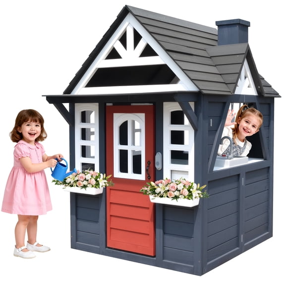 iRerts Kids Wooden Outdoor Playhouse, 4-in-1 Game House with Door ...