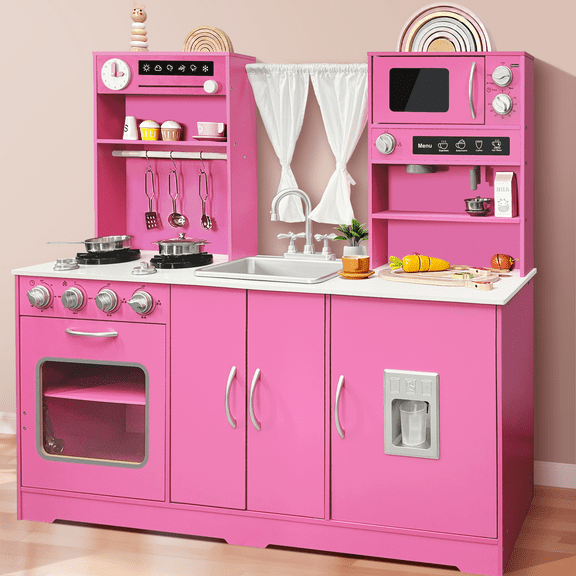 iYofe Wooden Pretend Play Kitchen Set for Toddler, Extra-Large Interactive Toy Kitchen w/Real Sounds, Pull-Down Oven, Sink, Curtain & 18 Accessories, Gift for Kids 3-6, Pink