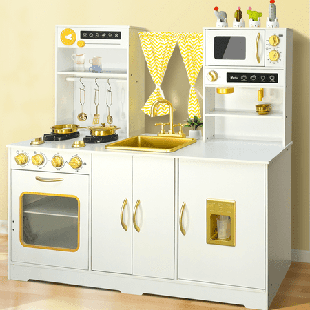 iYofe Wooden Pretend Play Kitchen Set for Toddler, Extra-Large Interactive Toy Kitchen w/Real Sounds, Pull-Down Oven, Sink, Curtain & 18 Accessories, Gift for Kids 3-6, White