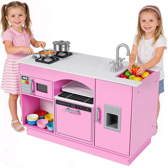 iYofe Play Kitchen for Kids, Wooden Kids Kitchen Playset Island Pretend Play Toys with Oven, Sink, Microwave, Chalkboard, Educational Kitchen Toy Birthday Christmas Gifts for Kids Toddlers, Pink