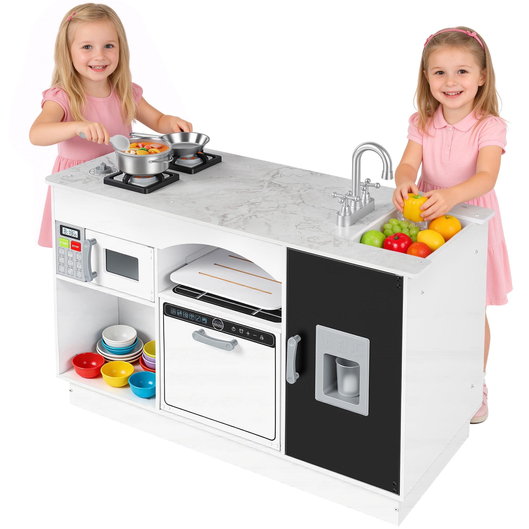 iYofe Play Kitchen Sets for Kids Ages 2+, Wood Kids Kitchen Playset for Toddlers with Real Lights & Sounds, Pretend Play Toys Kitchen with Cookware Accessories, White