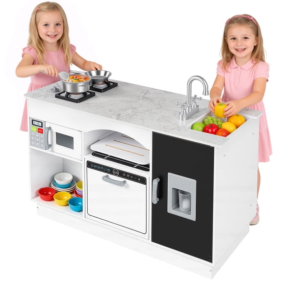 iYofe Kids Play Kitchen, Island Toddler Kitchen Set for Kids, Kids Children Pretend Toy Kitchen Playset with Sink Play Toy, Oven Microwave, Toddler Cooking Set Toy for Ages 3+ Baby Girls Boys, White