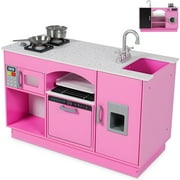 iYofe Play Kitchen for Kids, Wooden Kids Kitchen Playset Island Pretend Play Toys with Real Lights & Sounds, Chalkboard, Educational Kitchen Toy Birthday Christmas Gifts for Kids Toddlers, Pink