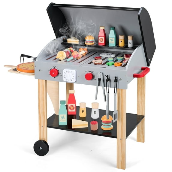 iYofe Wooden Play Kitchen for Toddlers 1-3, 52 PCS Kids BBQ Grill Playset with Timer & Pretend Play Food Toys, Toy Grill Kitchen Set for Boys Girls Gifts