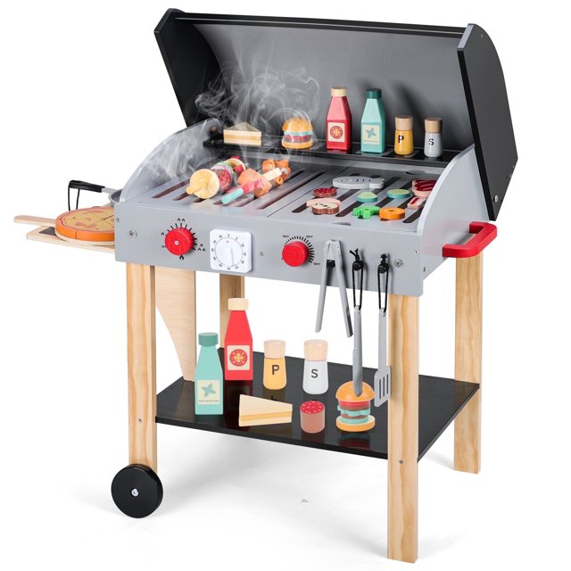 iYofe Wooden Play Kitchen for Toddlers 1-3, 52 PCS Kids BBQ Grill Playset with Timer & Pretend Play Food Toys, Toy Grill Kitchen Set for Boys Girls Gifts