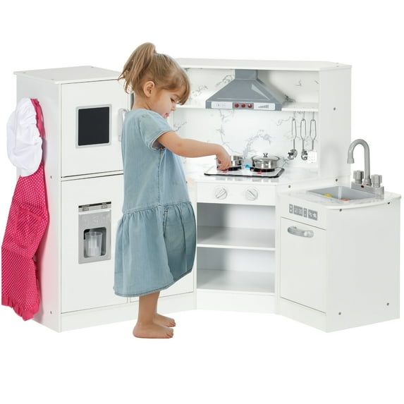 iYofe Wooden Play Kitchen Set for Toddler, Kids Pretend Play Toy Kitchen with Lights Sounds, Apron and Chef Hat, Ice Maker, Detachable Wash Basin, Utensils, Range Hood, Ages 3-6 Years Old, White