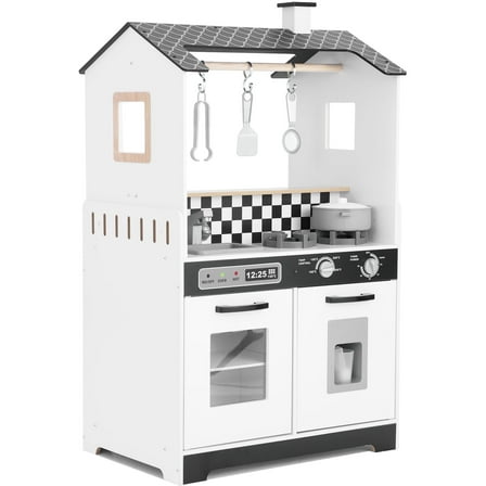 iYofe Wooden Play Kitchen for Toddlers 3-5, 2-in-1 Kids Kitchen & Laundry Playset, Montessori Toys with Realistic Cooking & Pretend Play Accessories, Learning Toys Gift for Girls & Boys