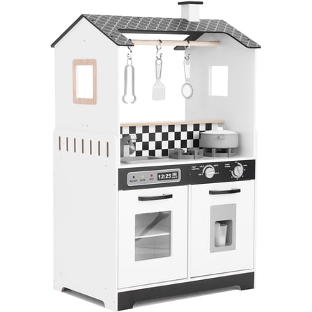 iYofe Wooden Play Kitchen for Toddlers 3-5, 2-in-1 Kids Kitchen & Laundry Playset, Montessori Toys with Realistic Cooking & Pretend Play Accessories, Learning Toys Gift for Girls & Boys