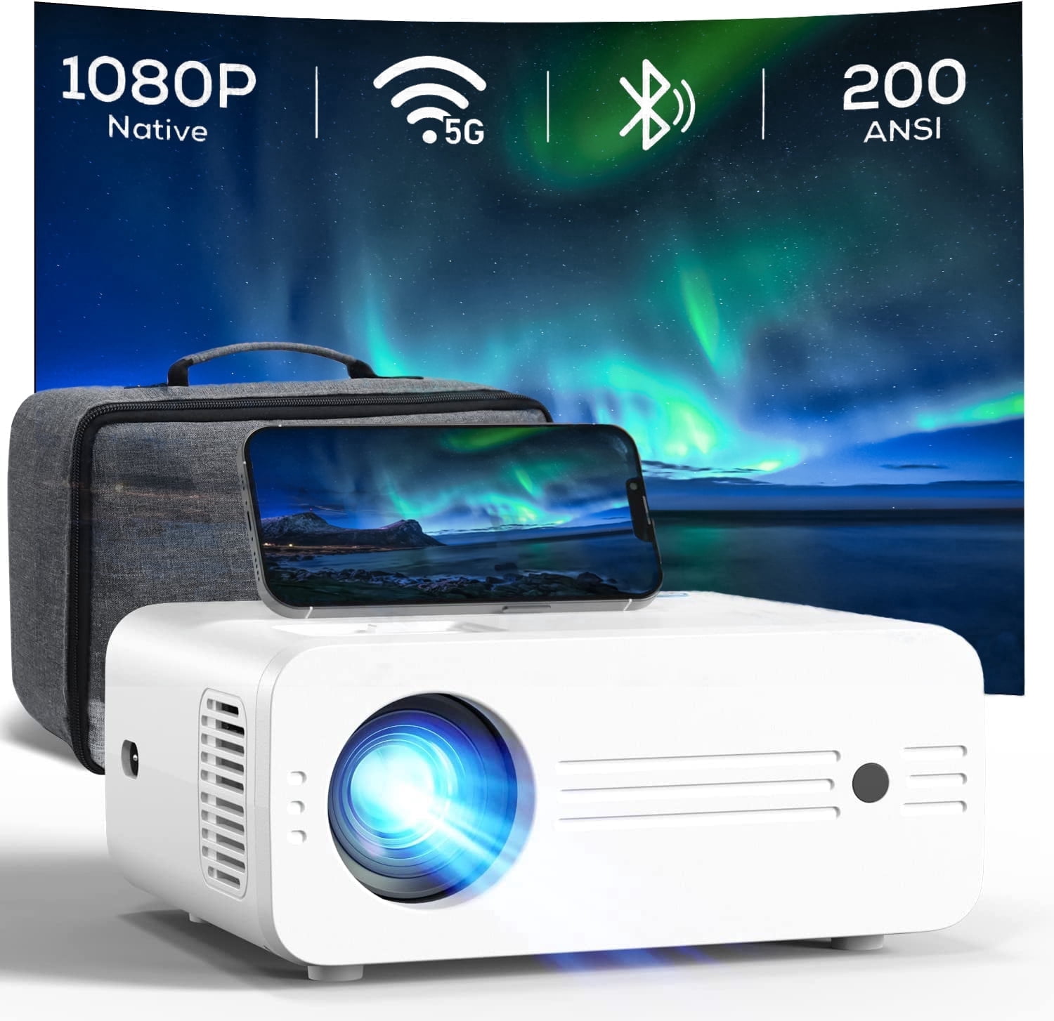 CocoBear 1080P Native Projector with 5G WiFi & Bluetooth 5.2, 9000 Lumens LED, 4K Supported, 180" Display, Portable Home Theater Projector with Carry Bag