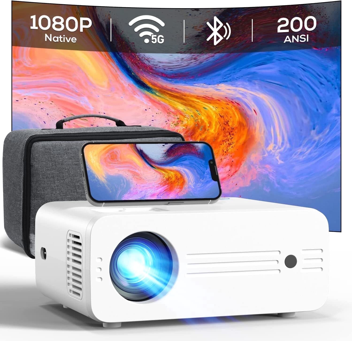 CocoBear Mini Projector 1080P Native 4K Supported, 5G WiFi Bluetooth Portable Projector with Carry Bag, 300" Display, Compatible with iOS Android TV Stick HDMI USB