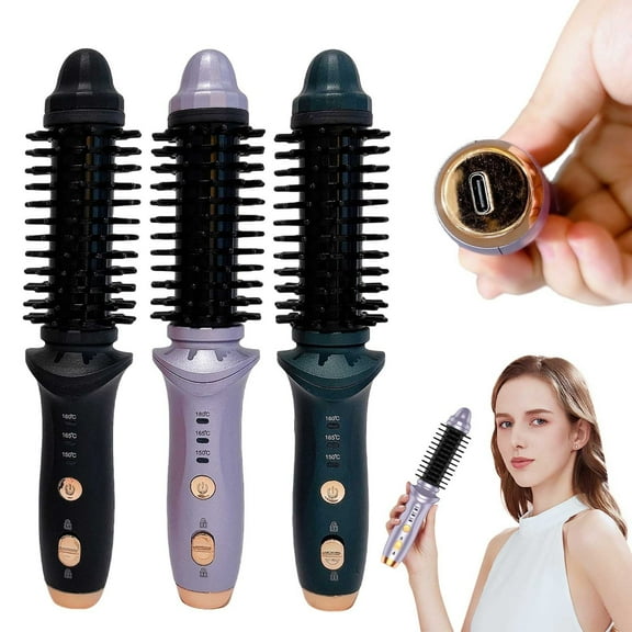 iZZZHH Mini Curling Iron Brush,Portable Hair Curling Brush for Travel,Anti-scald Hair Curler with Cordless Brush,3 Temperature Settings for Short Hair/Shoulder Hair