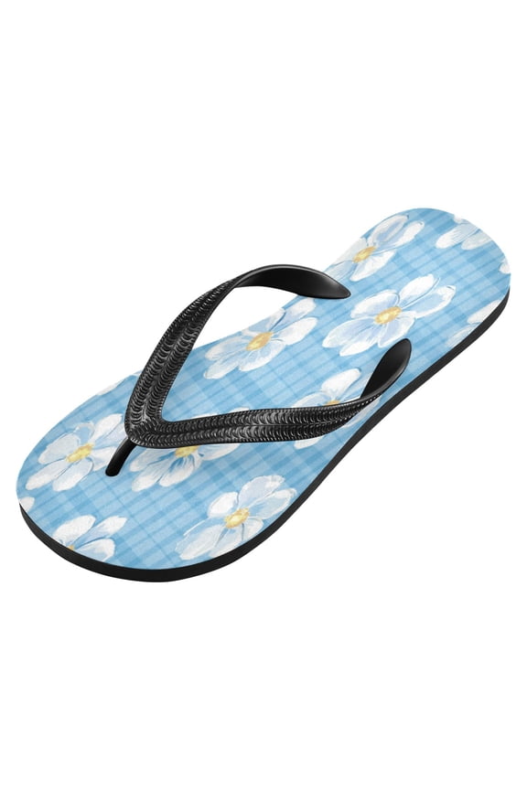 Unisex Printed Flip Flop Sandals - Lightweight Non-Slip Beach Shoes,Blue Gingham Flowers