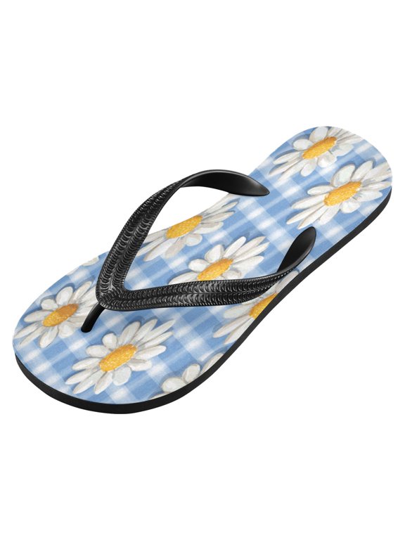 Unisex Printed Flip Flop Sandals - Lightweight Non-Slip Beach Shoes,Blue Gingham Pattern