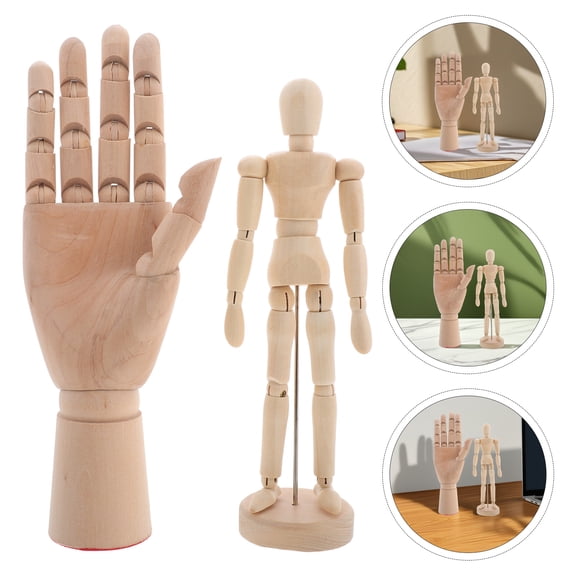 Ibasenice 2-Piece Wooden Hand Model and Artist Mannequin, Drawing Figure for Sketching, Painting, Art Study Aid