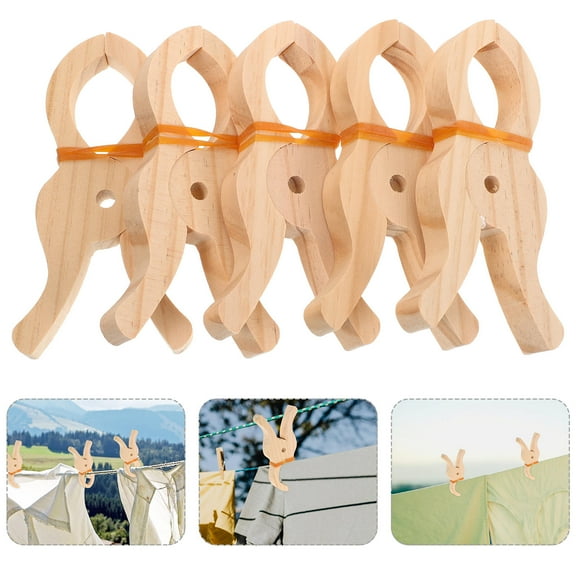 ibasenice 5Pcs Beige Wooden Hanging Clips for Clothes Quilt Holder and Towel Support