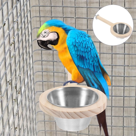 ibasenice Bird Food Bowl with Stainless Steel and Wooden Perch, Easy to Install Feeder for Parrot Cage