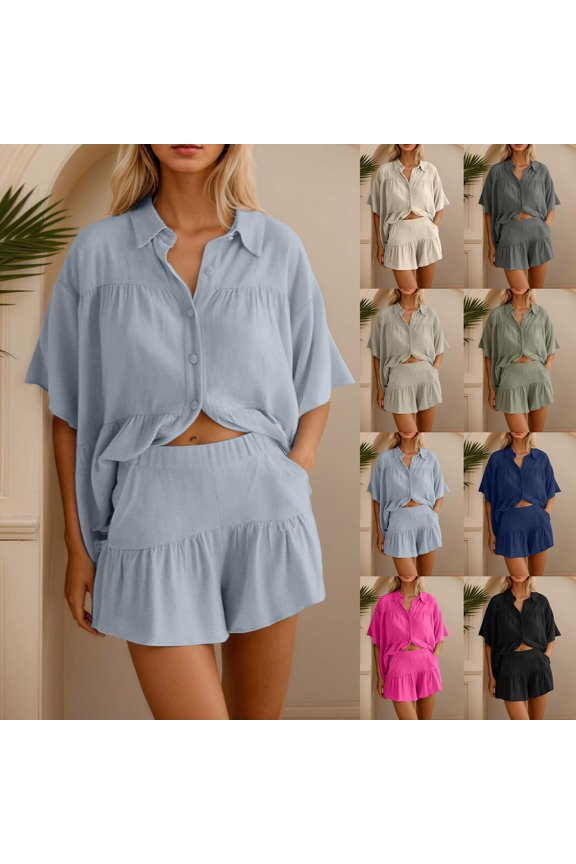 2 Piece Sets For Women Summer Women's Casual Summer Shorts Suit Set Featuring A Ruffled Blouse And Comfortable Pure Color Outfit For Daily Wear