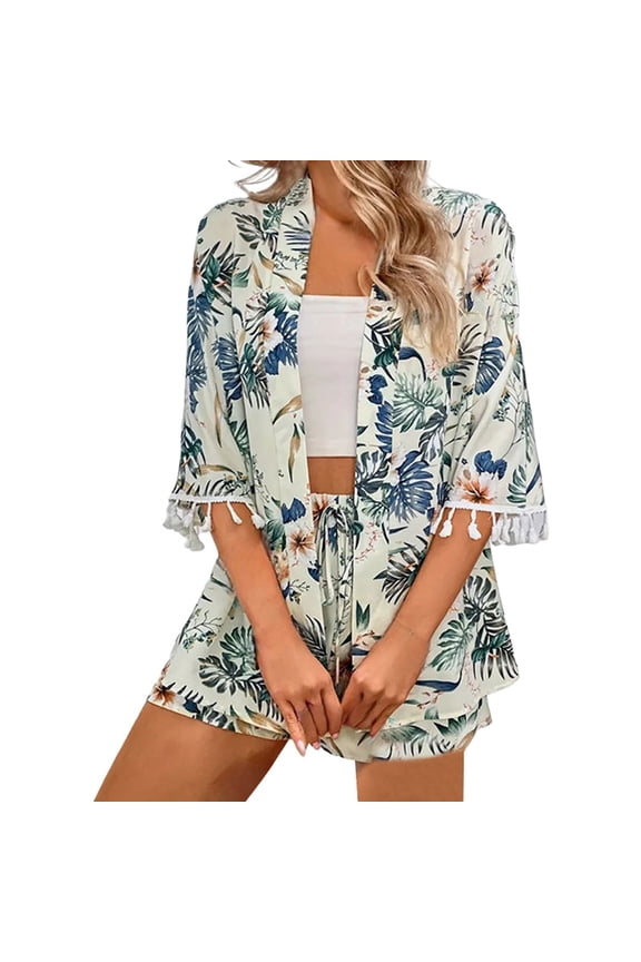 2 Piece Short Sets For Women Women's Printed Fringe Short Sleeve Two Piece Outfit Kimono Style Summer Beachwear Cover Up Set