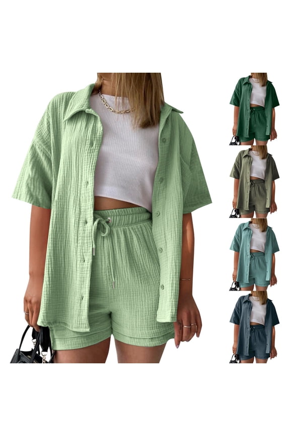 2 Piece Short Sets for Women Summer Short Sleeve Button Down High Low Shirt and Shorts Casual Beach Vacation Set