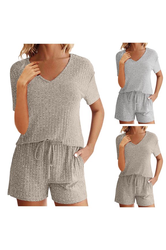 2 Piece Summer Sets For Women Women's Ribbed Knit Set Summer Casual Two Piece Outfit Comfortable Pajama Matching Shorts Suit