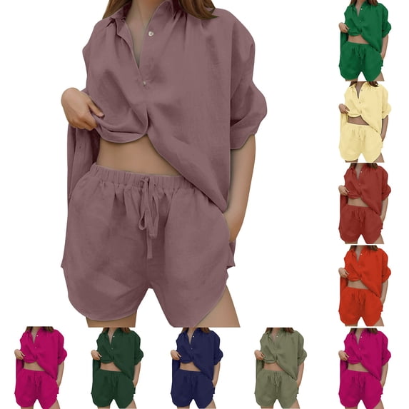 ibiyuan 2 Piece Swimsuit For Women Women's Lapel Wide Leg Linen Blend Solid Color Shorts Suit Set for Casual Wear