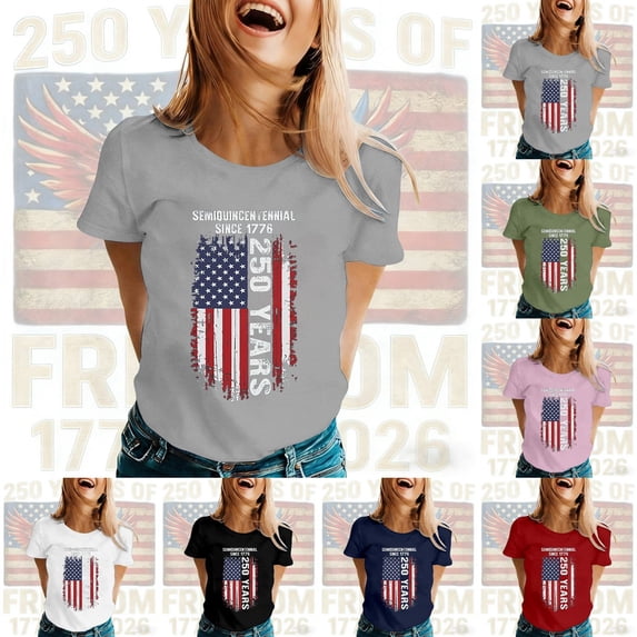 ibiyuan 250 Anniversary Usa Shirt T Shirts for Women Graphic Round Neck 4th Of July Shirts Casual Short Sleeve Independence Day Womens Shirts Basic Colorful Tops Blouse