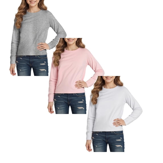 ibiyuan 3 Pack Girls Long Sleeve Shirts Cotton Ribbed Tops Crewneck Layering Slim Fit Uniform Undershirts Teen Basic Tees