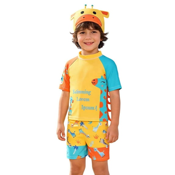 ibiyuan Baby Boy Swimsuit Adorable Boys Swimwear Short Sleeve Rash Guard Tee With Swim Trunks And Matching Bottoms For Kids Beach Pool,6-7 Years