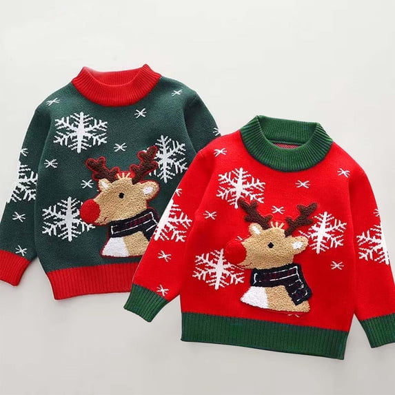 ibiyuan Baby Girl Boy Knit Sweater Toddler Clothes for Girls 4t Christmas Reindeer Knit Sweater Long Sleeve Cartoon Deer Print Warm Crewneck Pullover Kids Fall Winter Clothes