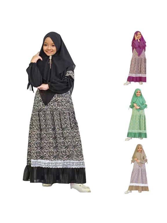 Baby Girl Clothes 0-3 Months Outfits Floral Abaya Maxi Dress Set, Full Length Burka Robe with Decor Hijab Outfits