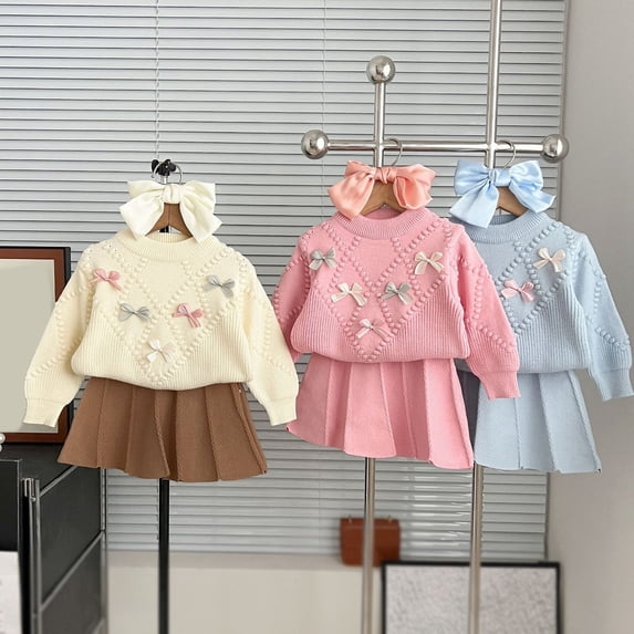 ibiyuan Baby Girl Clothes Newborn Fall Outfits Winter Soft Knit Sweater Bow Embroidery Dress 2 Piece Elegant Casual Outfit Set For Fall Winter