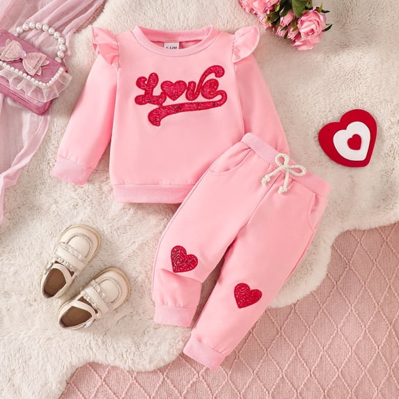ibiyuan Baby Girl Outfit Toddler Girls Valentine's Day Sequin Outfit Long Sleeve Heart Embroidered Pullover T-Shirt + Pants Sparkle Party Outfits,3-6 Months