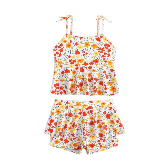 ibiyuan Baby Girls' Swimwear ,2 Piece Adjustable Straps Ruffle Bathing Suit Rash Guard Tankini Sets with Belt Allover Printed Swimwear Set Girl,4 Years