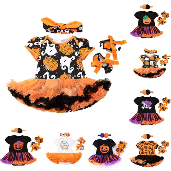 ibiyuan Baby Halloween Outfit Flutter Sleeve Cute Print Toddler Clothes for Girls Tulle Tutu Skirt Romper Headband Halloween Girl Dress Up