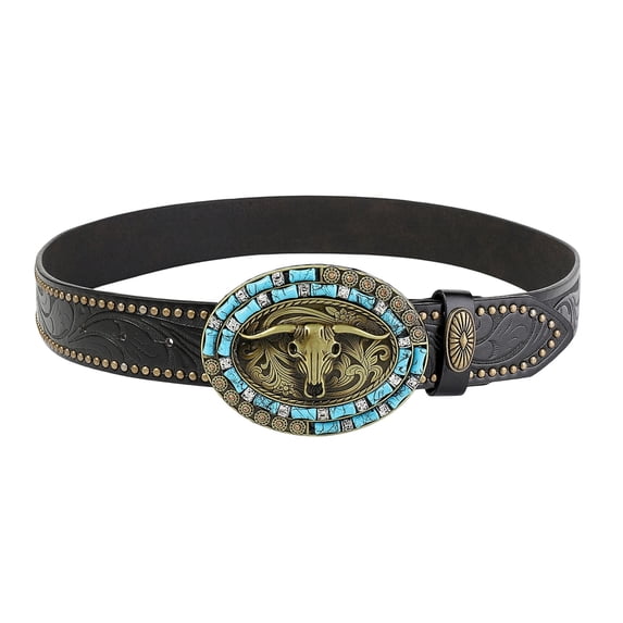 ibiyuan Belt For Men Western Cowboy Belt with Bull Buckle Floral Embossed Design Adjustable Fashion Accessory for Daily Wear and Parties