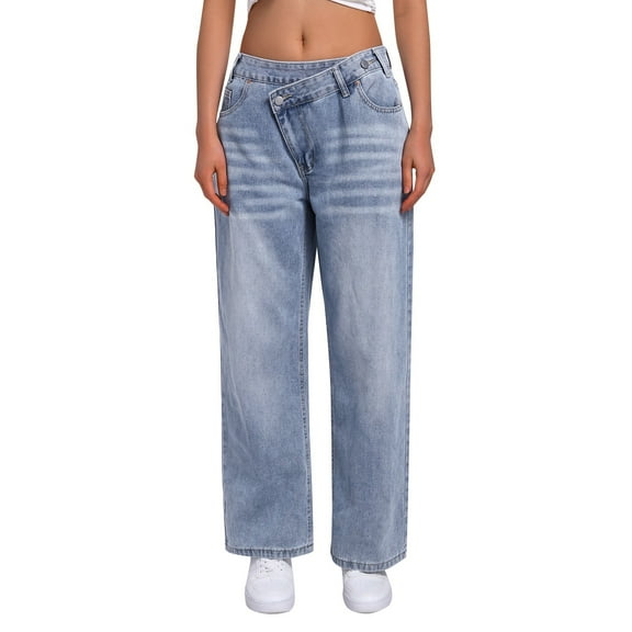 ibiyuan Blue Jeans for Women Women's Solid Color Straight Leg Denim Jeans Casual Loose Fit With Elastic Waist,Blue