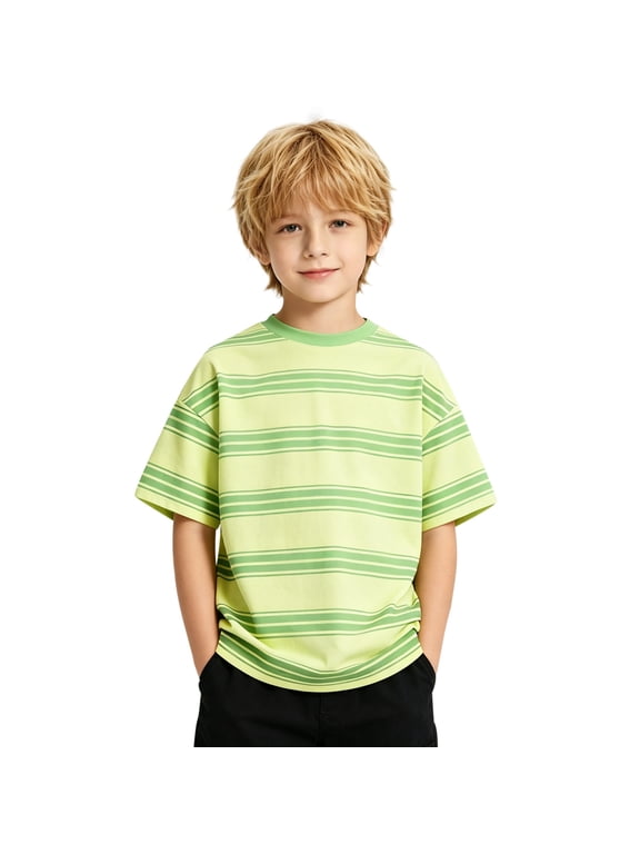 Boys Striped T Shirt, Casual Short Sleeve Round Neck Tee with Drop Shoulder Design, Lightweight Summer Basic Top for School, Play, Outdoor Activities and Everyday Wear