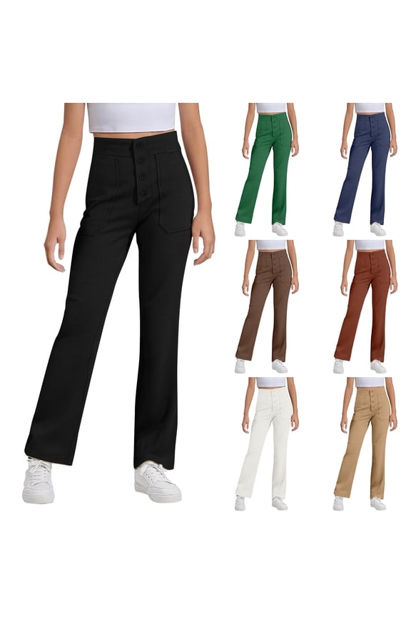 Boys Uniform Pants Girls Leggings Kids Flare Leggings Fold Over Waistband Casual Bell Bottom Pants for Teens,Brown